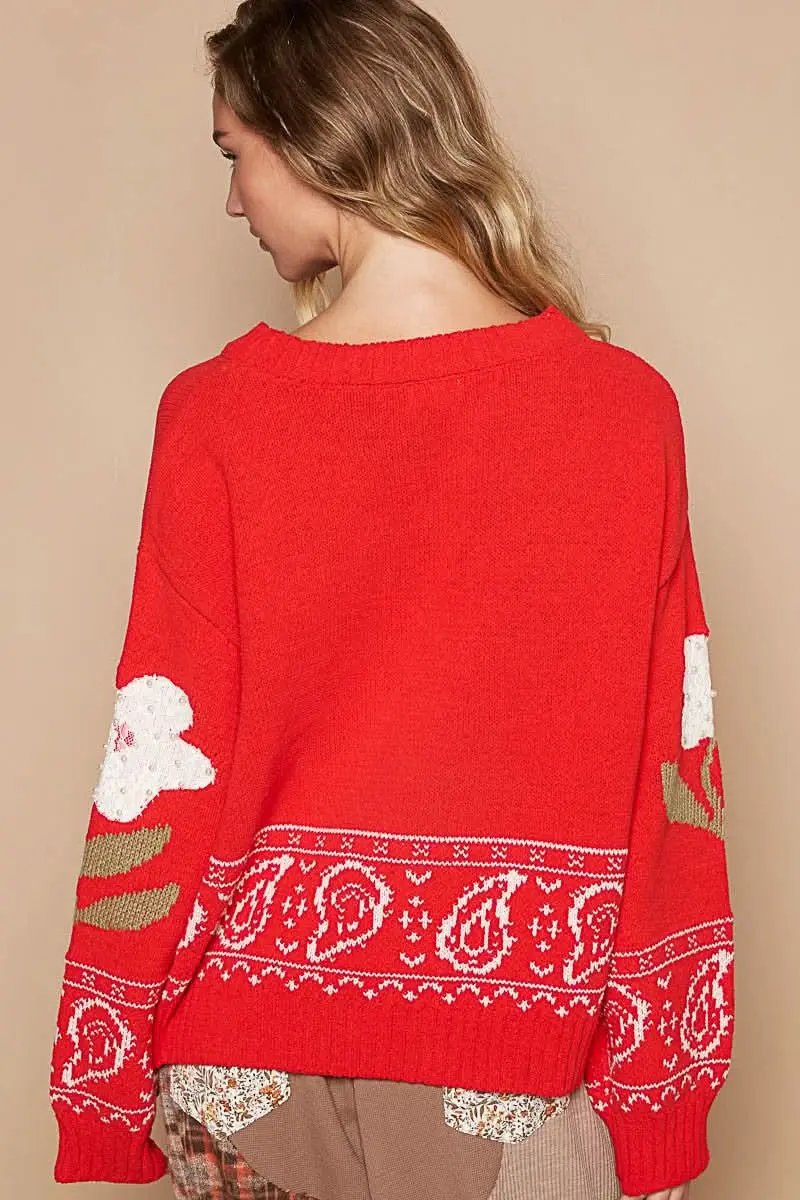 POL Flower Lace Patch Long Sleeve Sweater - Love Salve